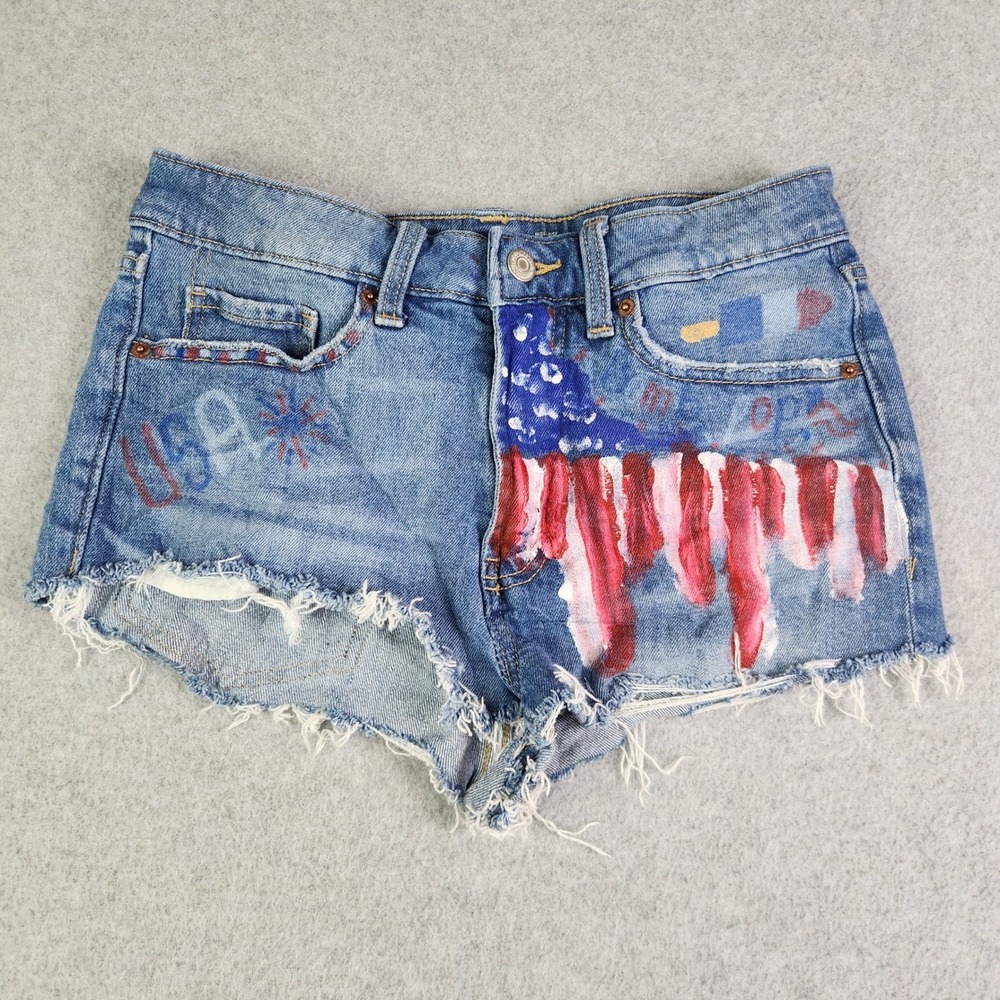 Old Navy Shorts Womens 4 Blue OG Straight High Rise Hand Painted USA Americana